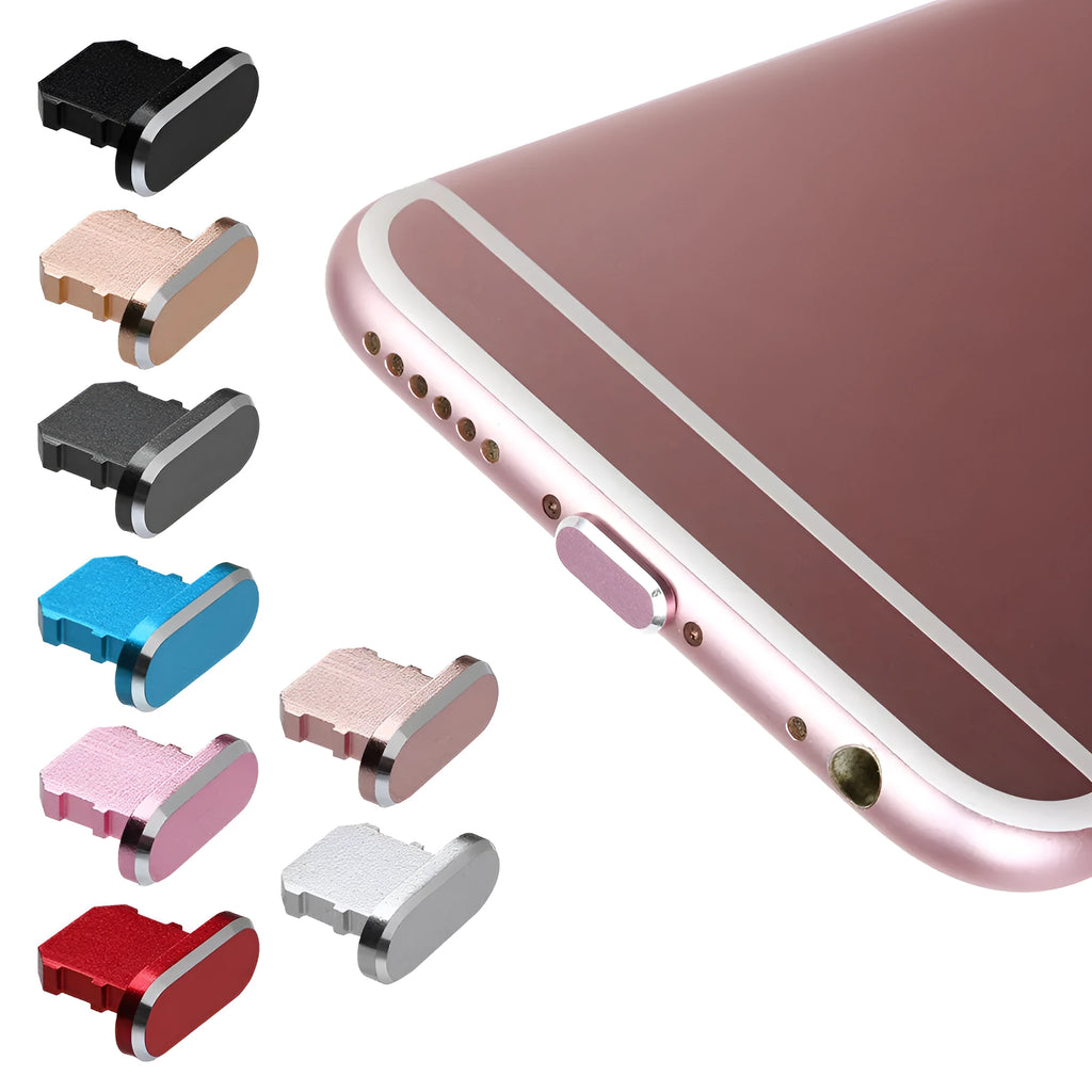 Aluminium alloy dust plug for iPhone charging port in various colours including gold, silver, and rose gold.