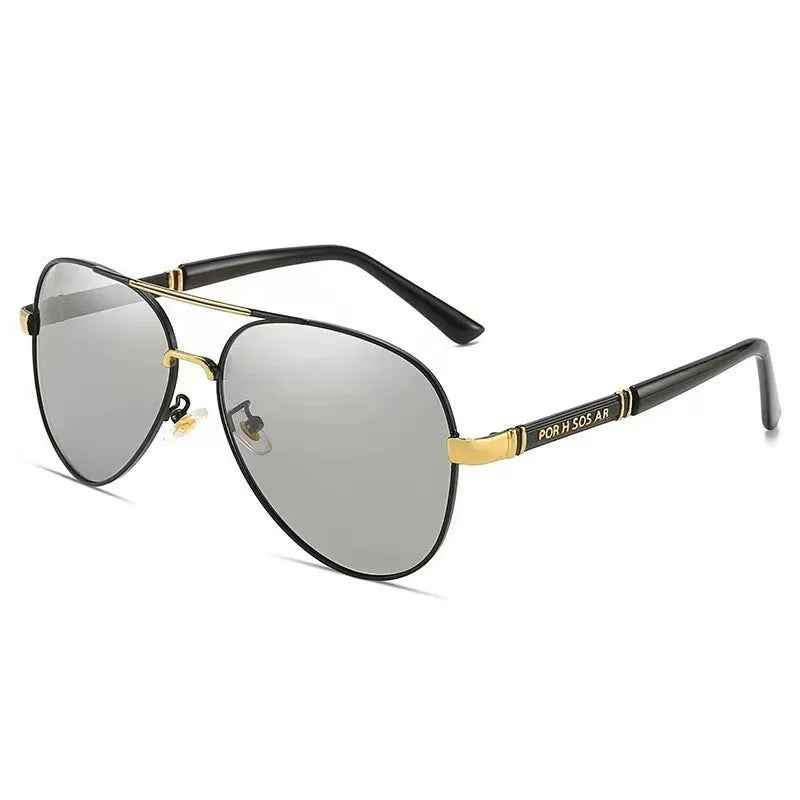 Men's metal-frame sunglasses with polarised or colour-changing lenses in gold, black, or silver.