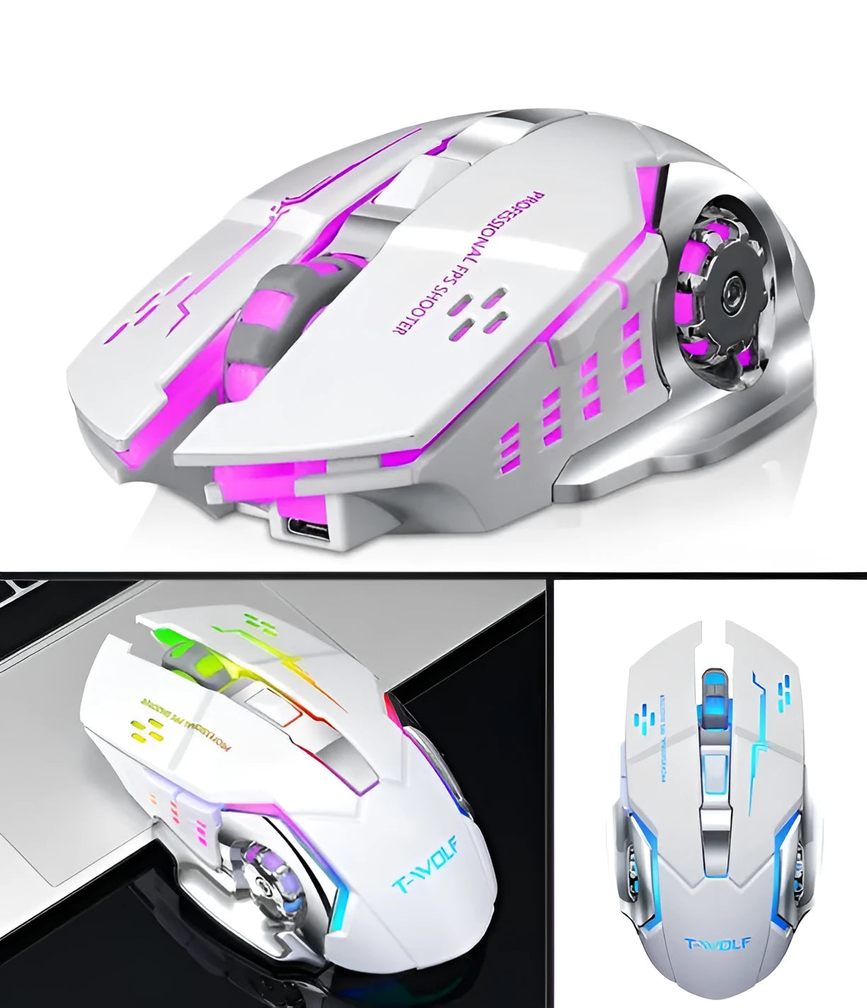 Black and white wireless mouse with mute buttons for laptop use