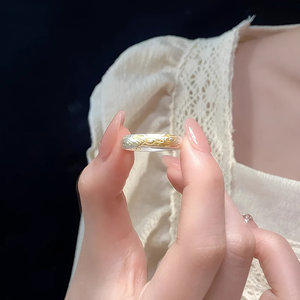White copper open mouth adjustable ring with geometric fairy style and Xiangyun pattern design in electroplated silver or gold finish