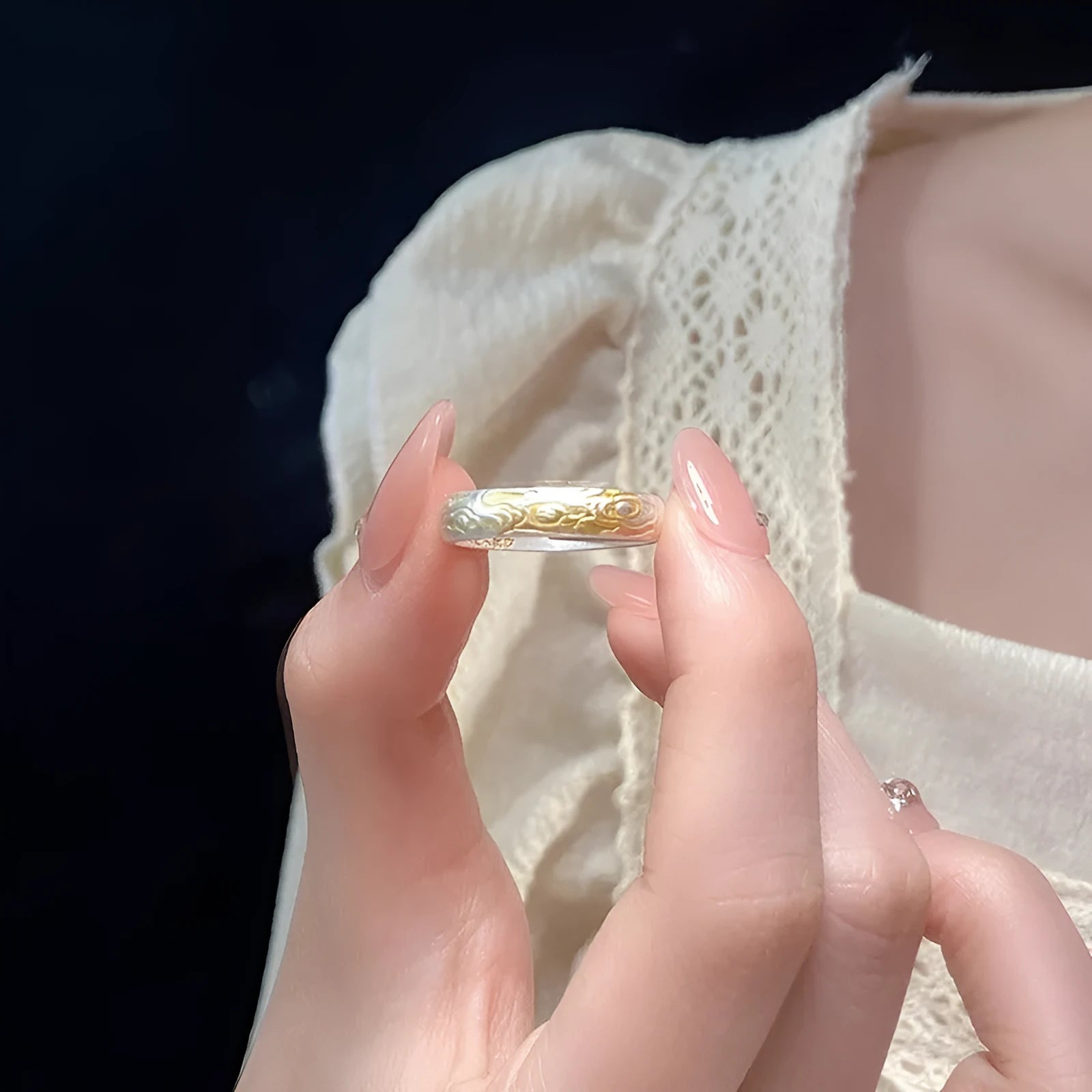 White copper open mouth adjustable ring with geometric fairy style and Xiangyun pattern design in electroplated silver or gold finish