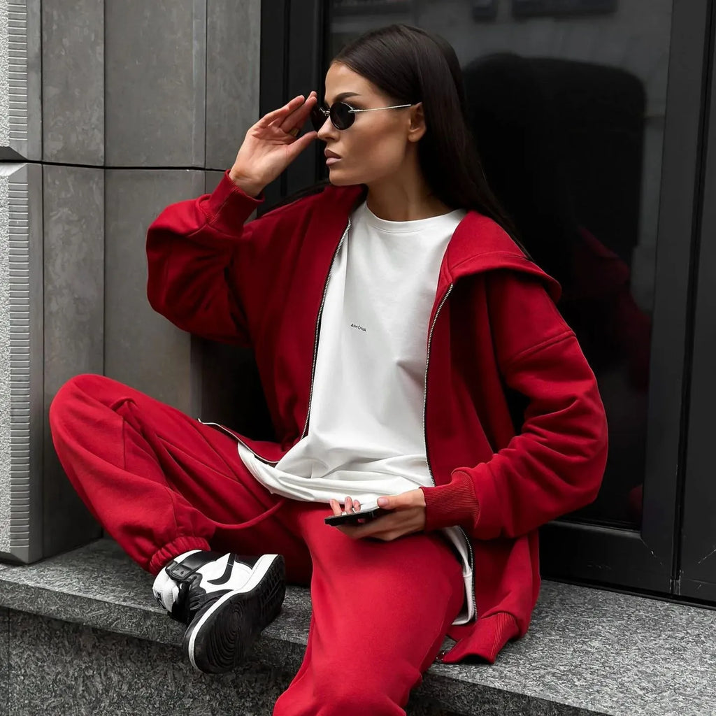 Street style long-sleeved coat and trousers two-piece set in solid colour loose fit