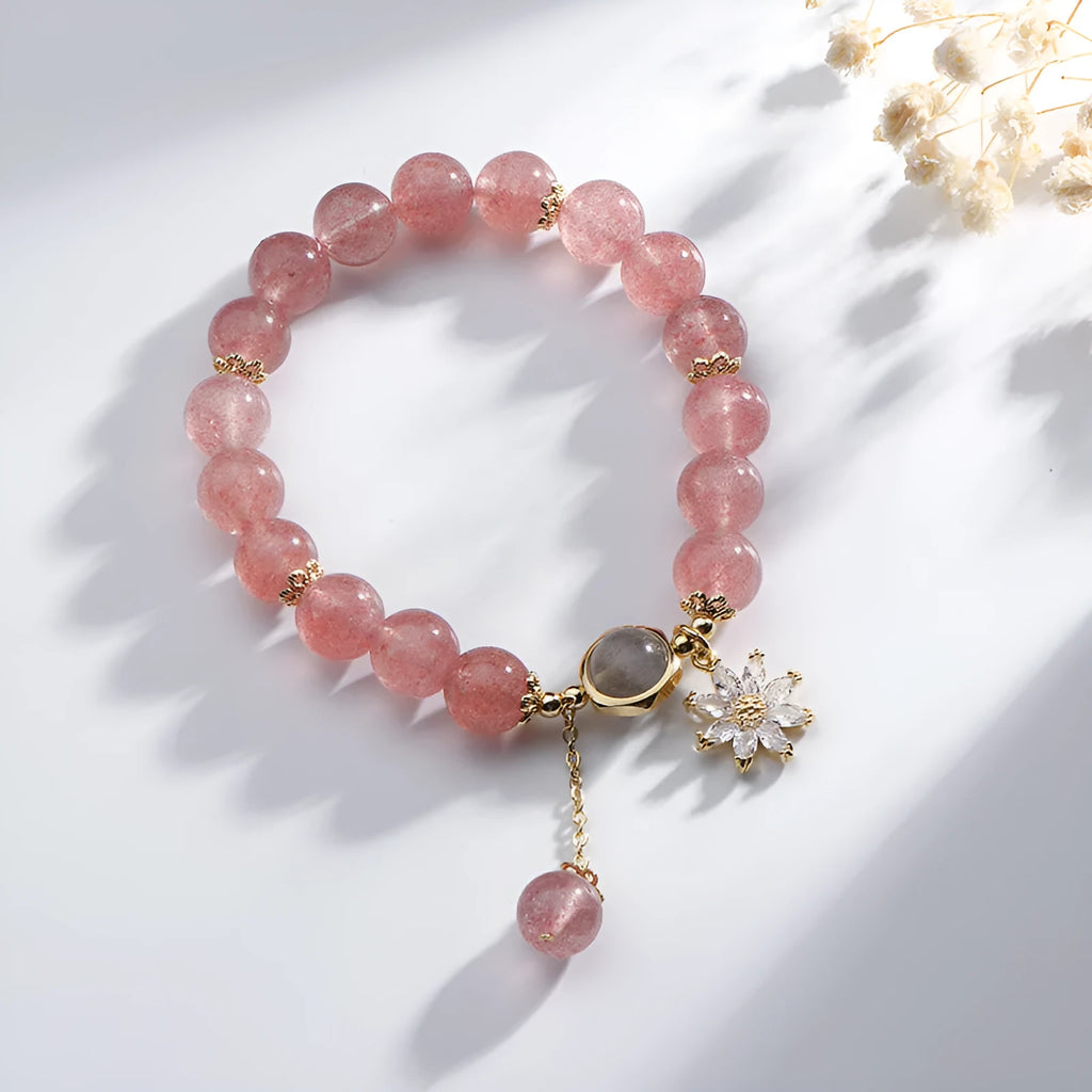 Strawberry quartz crystal bracelet with Korean Mori style floral design and electroplated finish