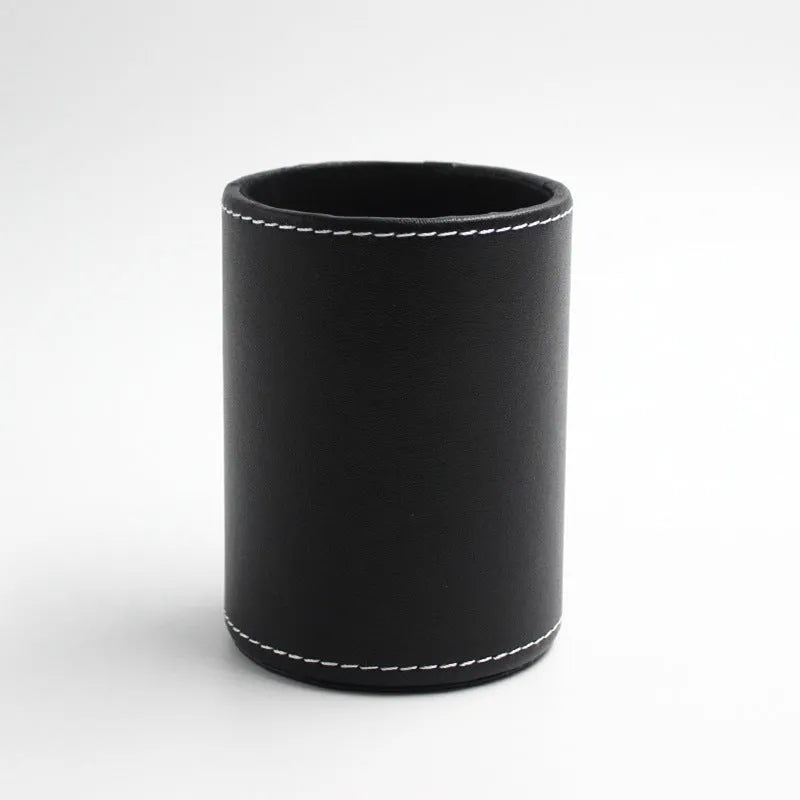Round black leather pen container 8cm diameter 10.8cm height for office desk