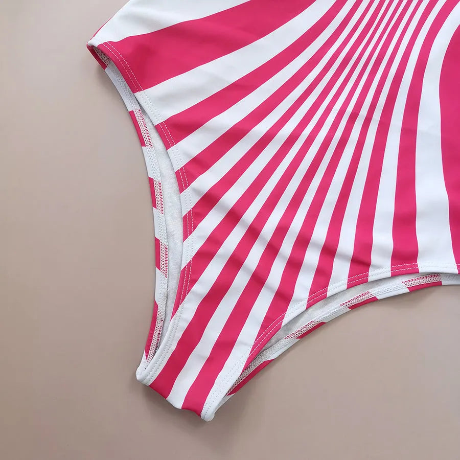 Women's pink striped one-piece swimsuit with front and rear digital printing alignment