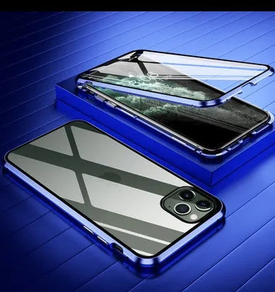 Glass anti-spy iPhone case with clamshell cover shown in black, silver, red, gold, green, and blue colour options.