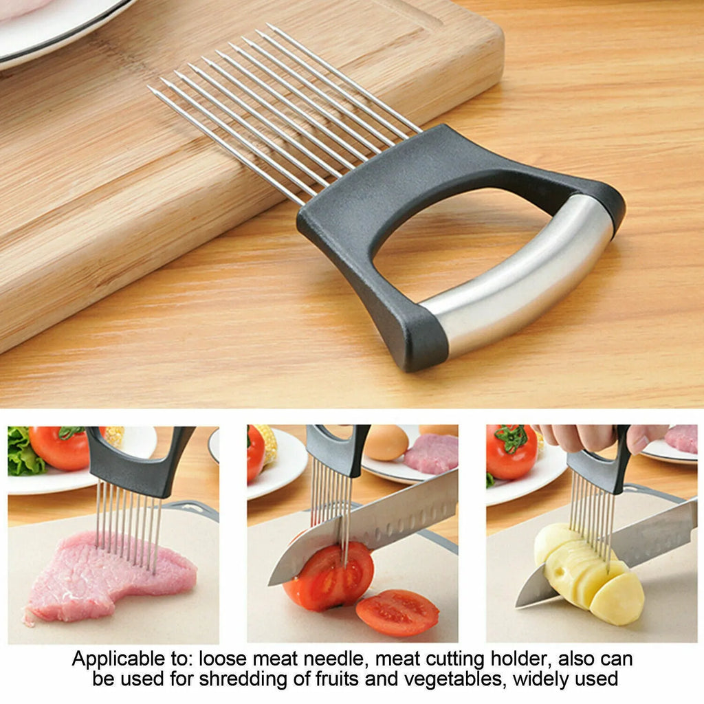 Stainless steel and ABS onion holder slicer for securing tomatoes and vegetables during cutting.