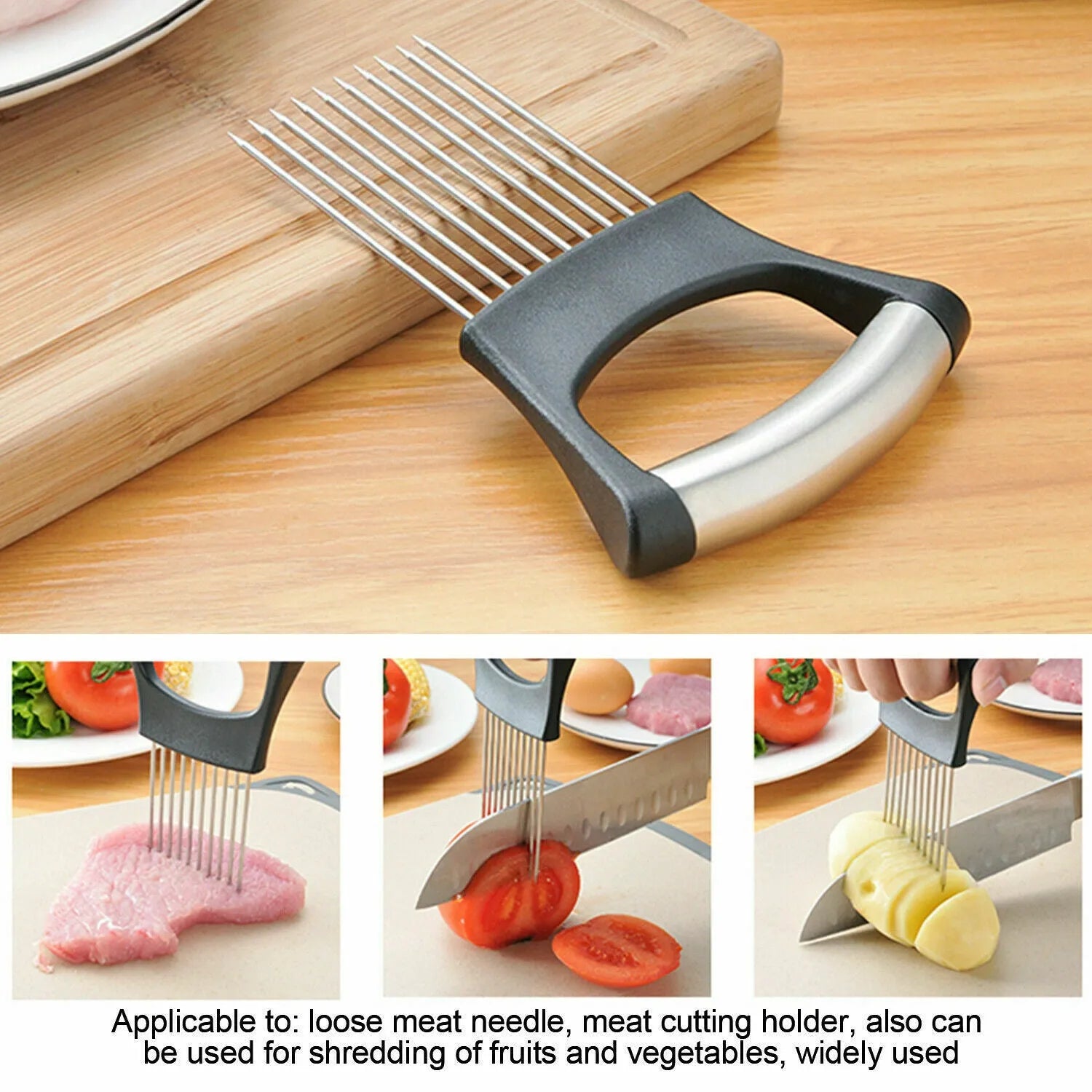 Stainless steel and ABS onion holder slicer for securing tomatoes and vegetables during cutting.