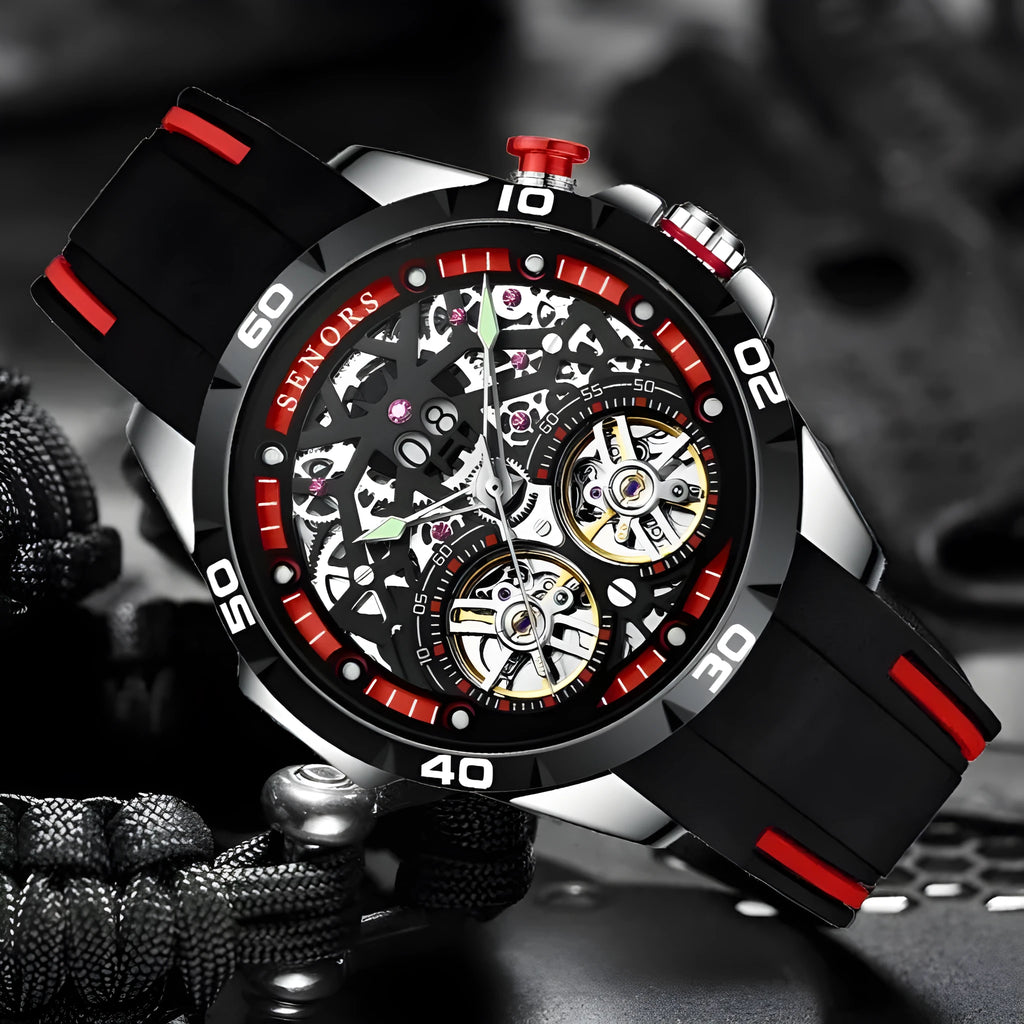 Men's automatic mechanical watch with luminous hands and hollow skeleton dial in business style
