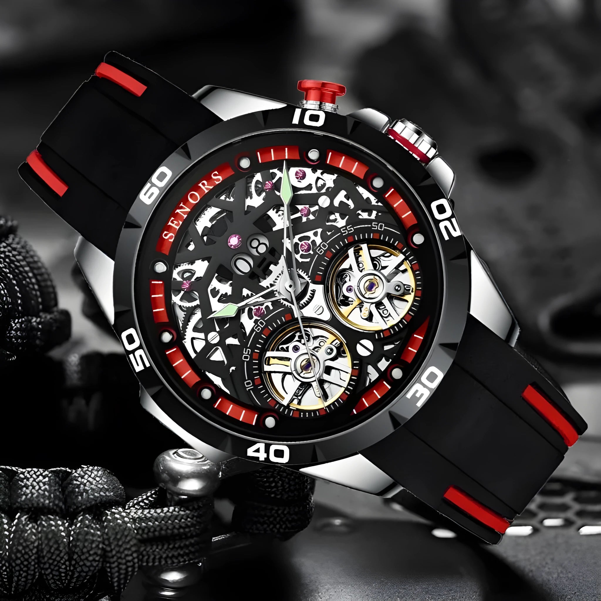 Men's automatic mechanical watch with luminous hands and hollow skeleton dial in business style