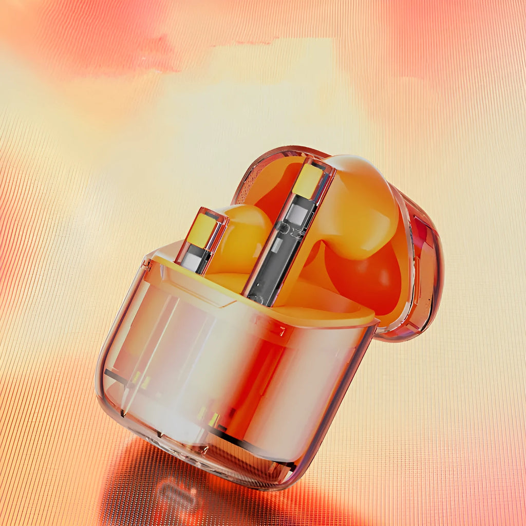 YX06 transparent wireless TWS headphones in white, black, orange, or green colours.