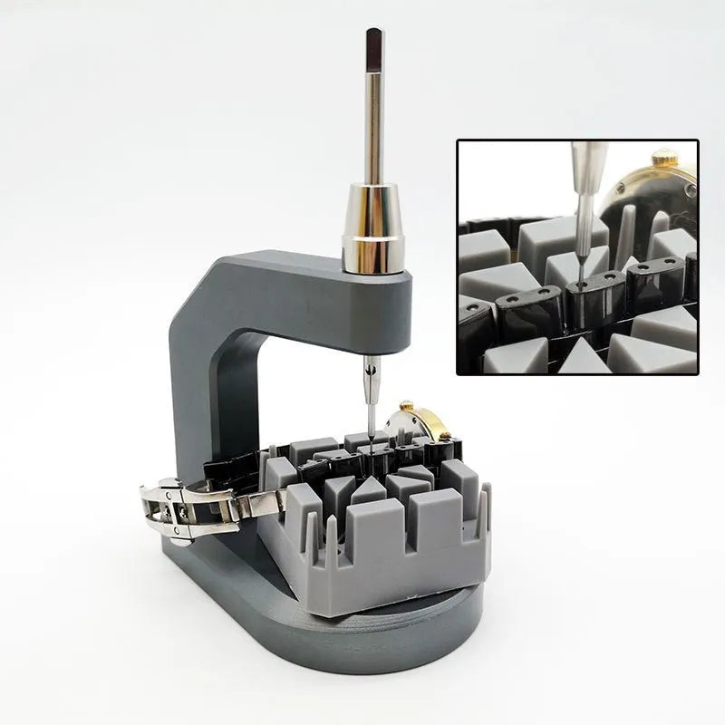 Silver multi-purpose press strap removal tool made of tool steel for watch and jewellery repair.