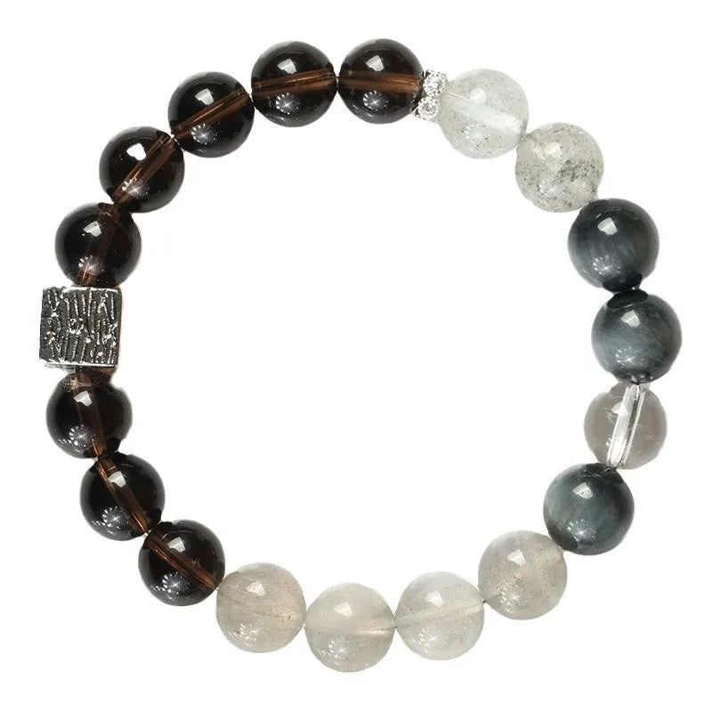 Khaki couple bracelet with Chinese geometric design in polished crystal, 10mm size.