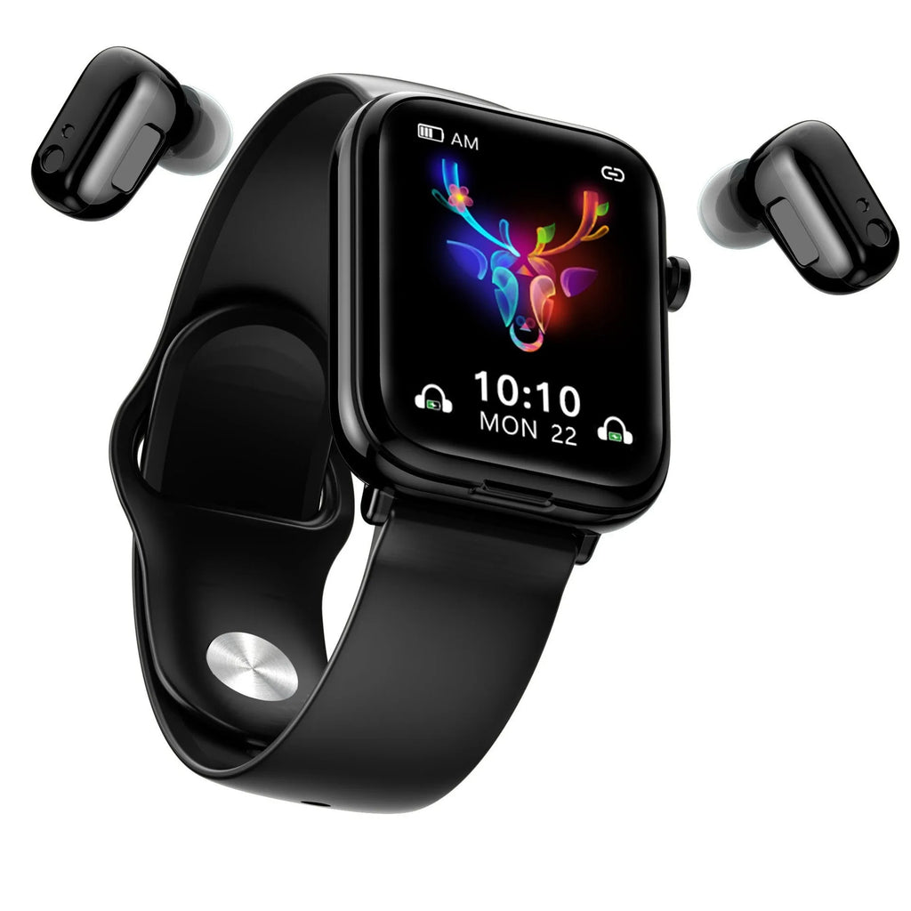 Black zinc-alloy smartwatch with 1.69-inch touchscreen, functioning as a Bluetooth headset and fitness tracker.