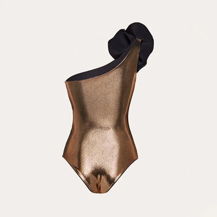 Gold halter neck one-piece swimsuit with hollow out design on mannequin