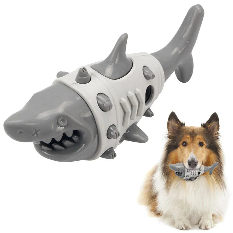 Blue leaky dog chew toy with shark-tooth texture for teeth cleaning and bite-resistant design