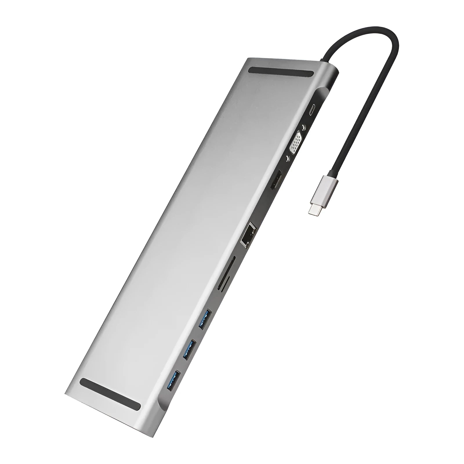 Grey aluminium alloy 10 port USB C hub docking station with cooling bracket for HDMI VGA network conversion