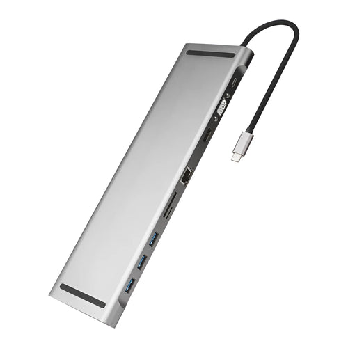 Grey aluminium alloy 10 port USB C hub docking station with cooling bracket for HDMI VGA network conversion