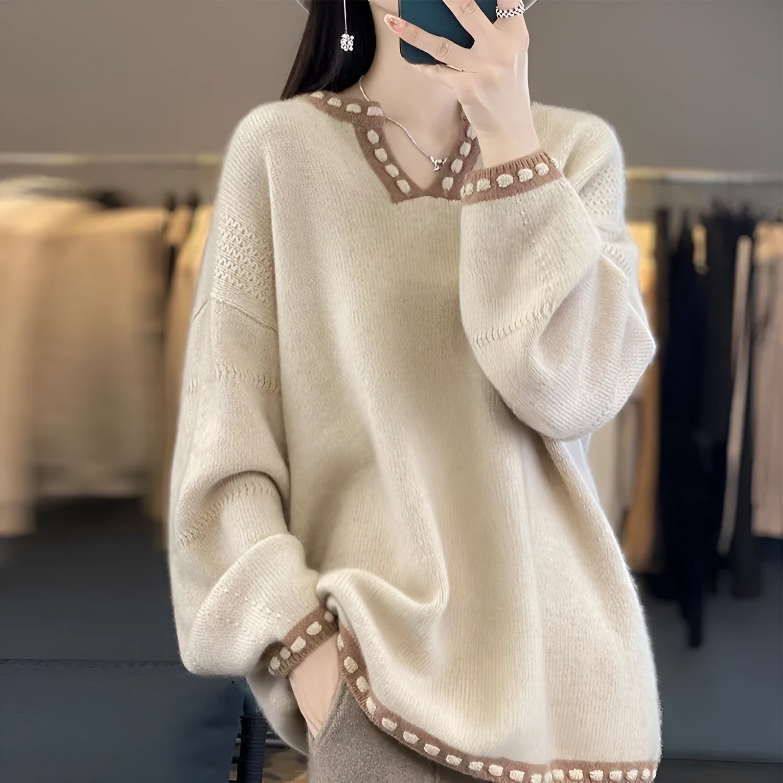 Women's V-neck pullover sweater in camel and white colours with regular long sleeves