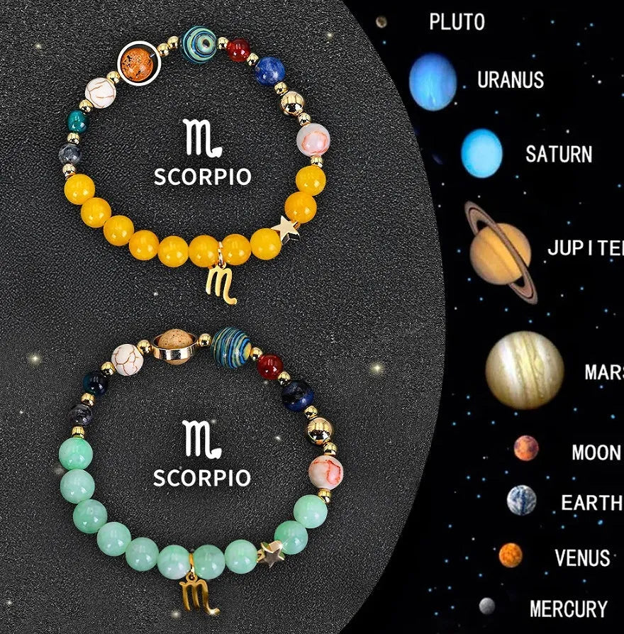Set of two natural stone bead bracelets with elastic cords, each representing a different zodiac sign.