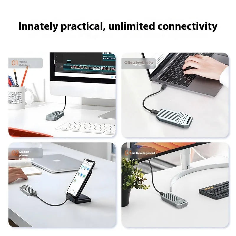 Silver aluminium Thunderbolt 4 external SSD enclosure for M.2 NVMe drives, showing compact size.