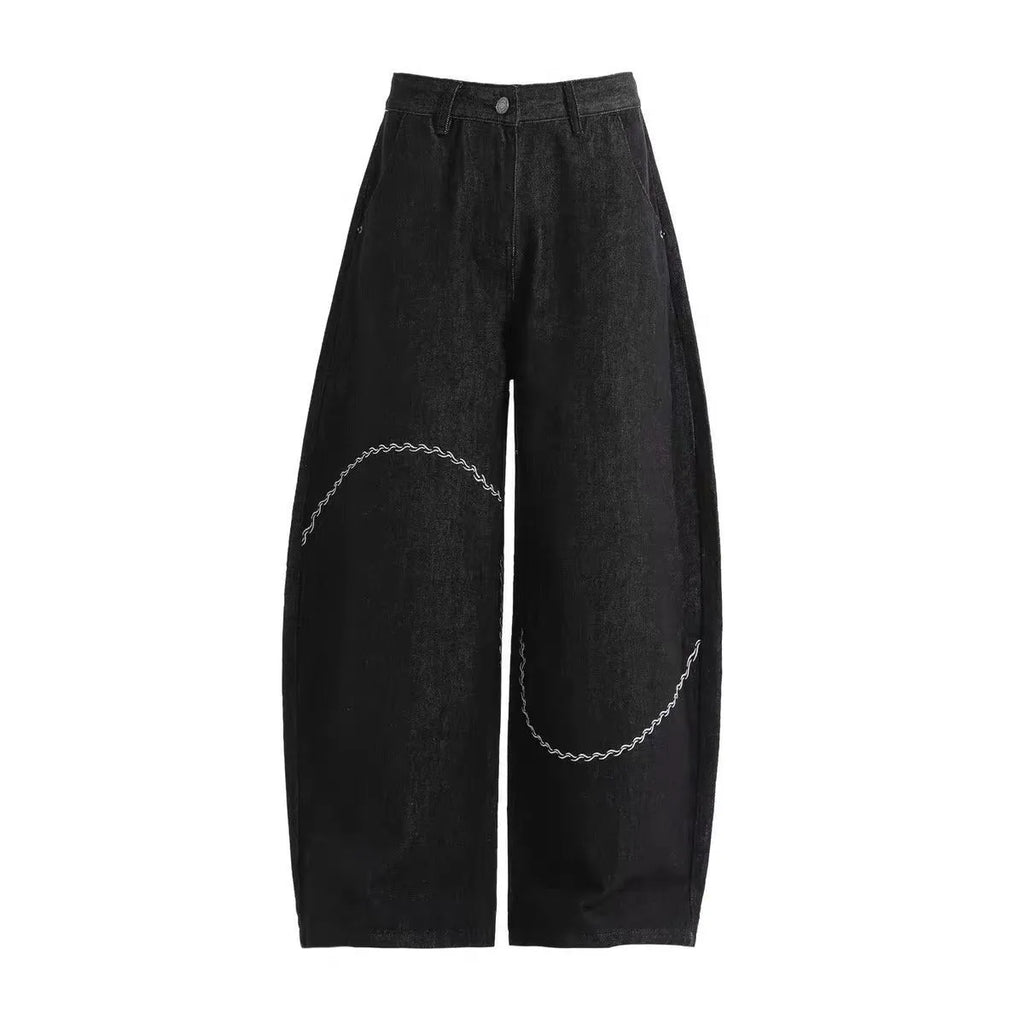 Black straight leg trousers in polyester denim fabric with micro-elastic properties for casual wear