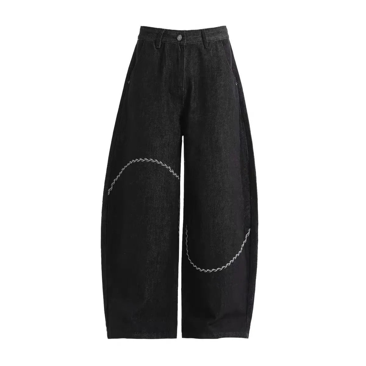 Black straight leg trousers in polyester denim fabric with micro-elastic properties for casual wear