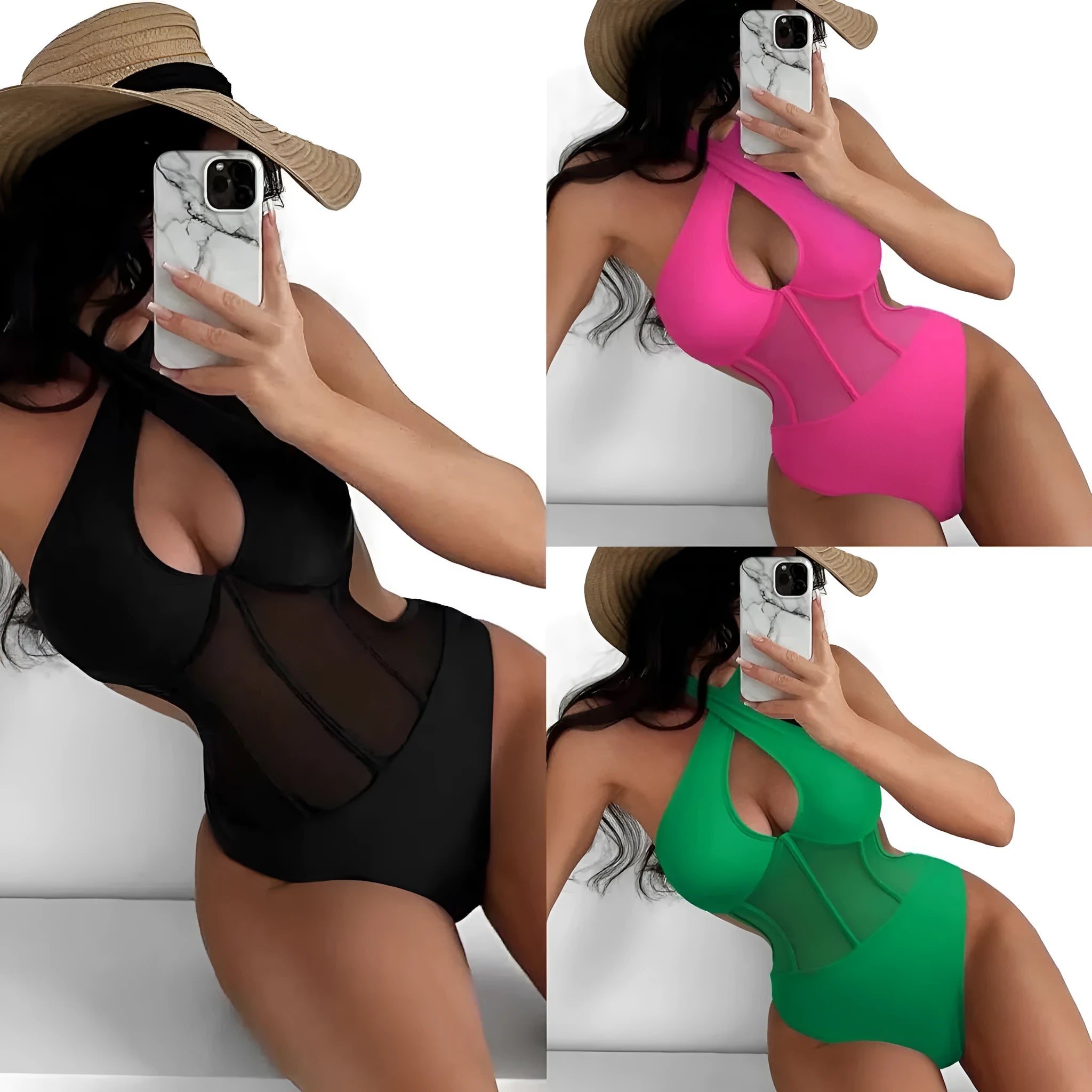 Women's black one-piece swimsuit made from nylon and spandex fabric on size mannequin