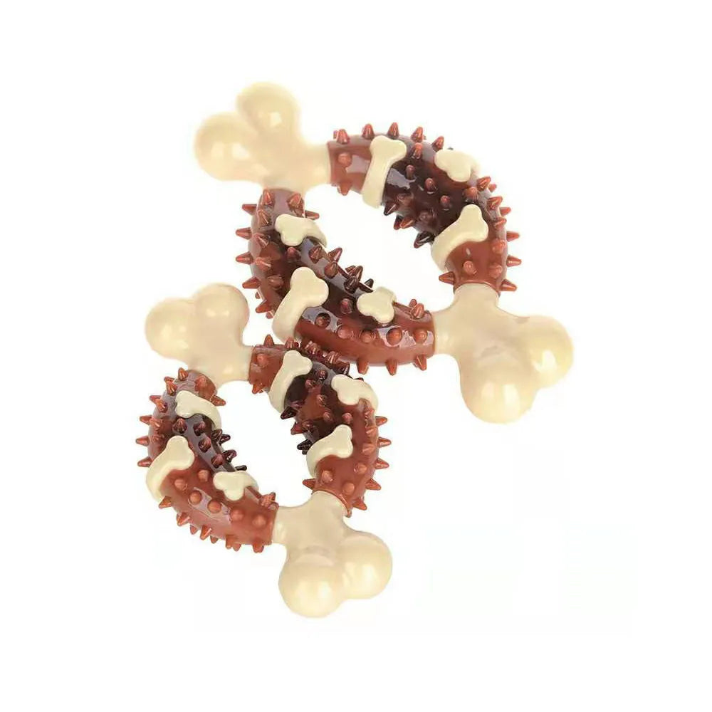 Natural rubber bone-shaped dog teeth grinding toy for dental health and anxiety relief in two sizes