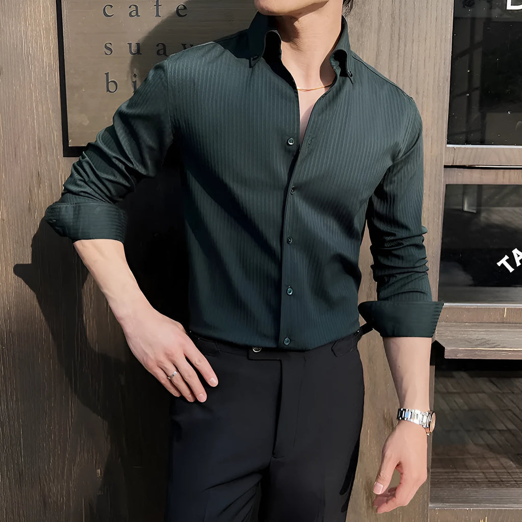 Men's dark striped V-neck long sleeve casual shirt in a polyester blend fabric.