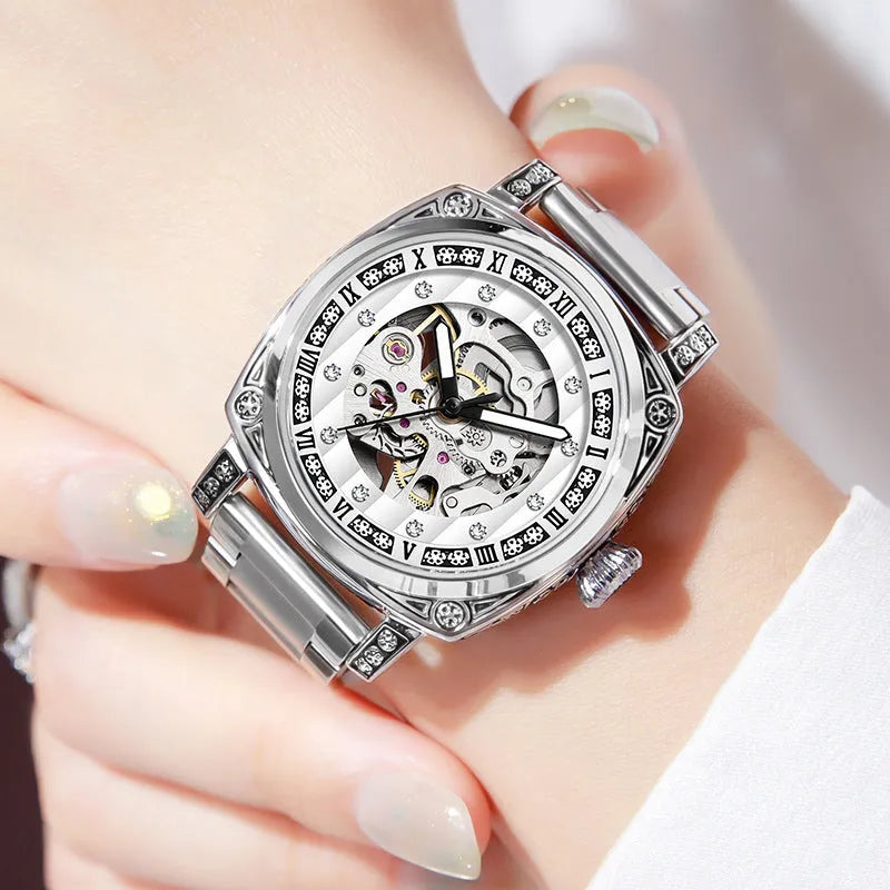 Mechanical watch with luminous hands and leather strap in choice of colours
