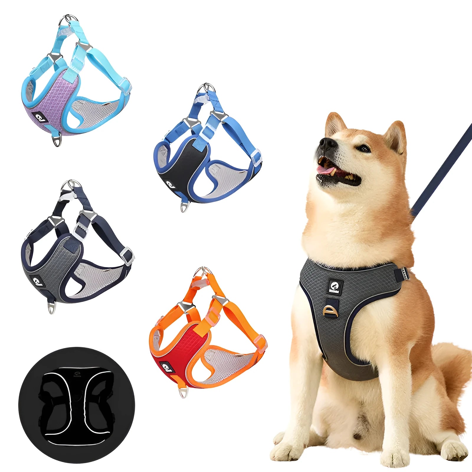 Adjustable dog harness with reflective strips and mesh saddle panel in black colour