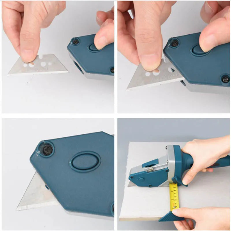 Blue aluminium alloy and plastic woodworking cutter with a measuring scale and one-press lock.