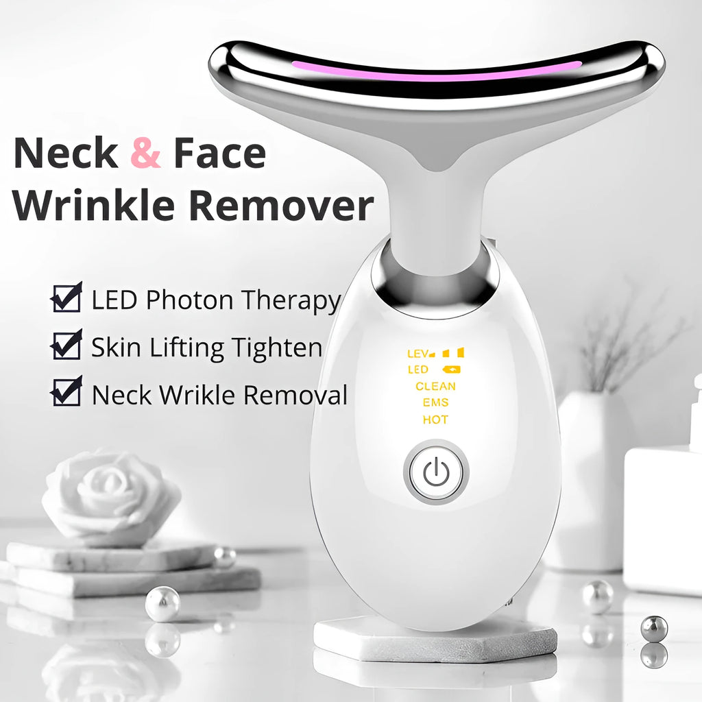 Electric EMS thermal neck massager with three-colour LED light therapy and microcurrent wrinkle removal features