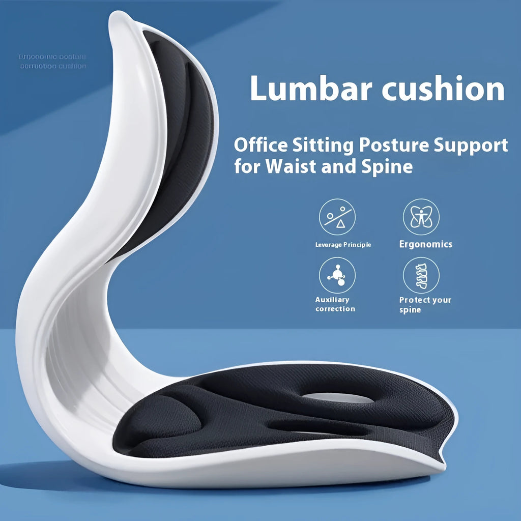 Solid colour memory foam lumbar support cushion with fixing band on a chair.