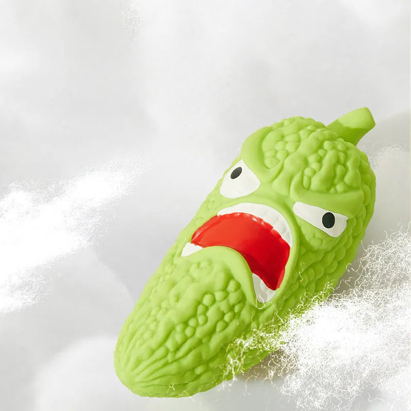 Vegetable-shaped dog chew toy in bitter melon and chili pepper designs with textured surfaces for dental cleaning