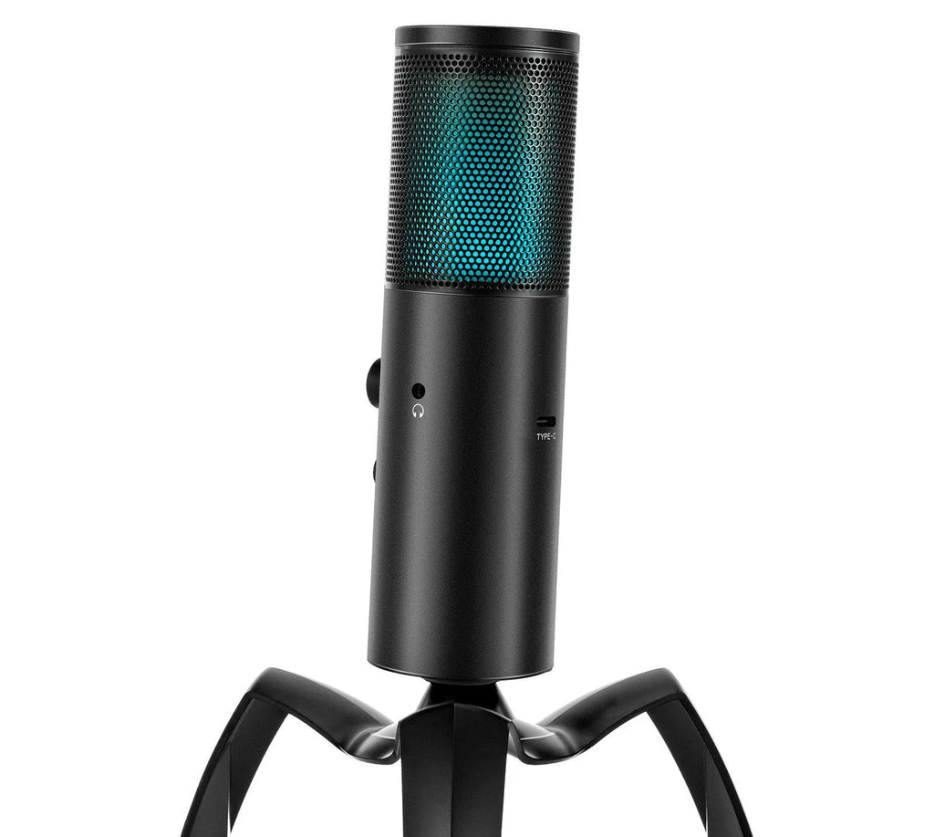 Black Q18 USB condenser microphone on a tripod stand with RGB lighting effects.