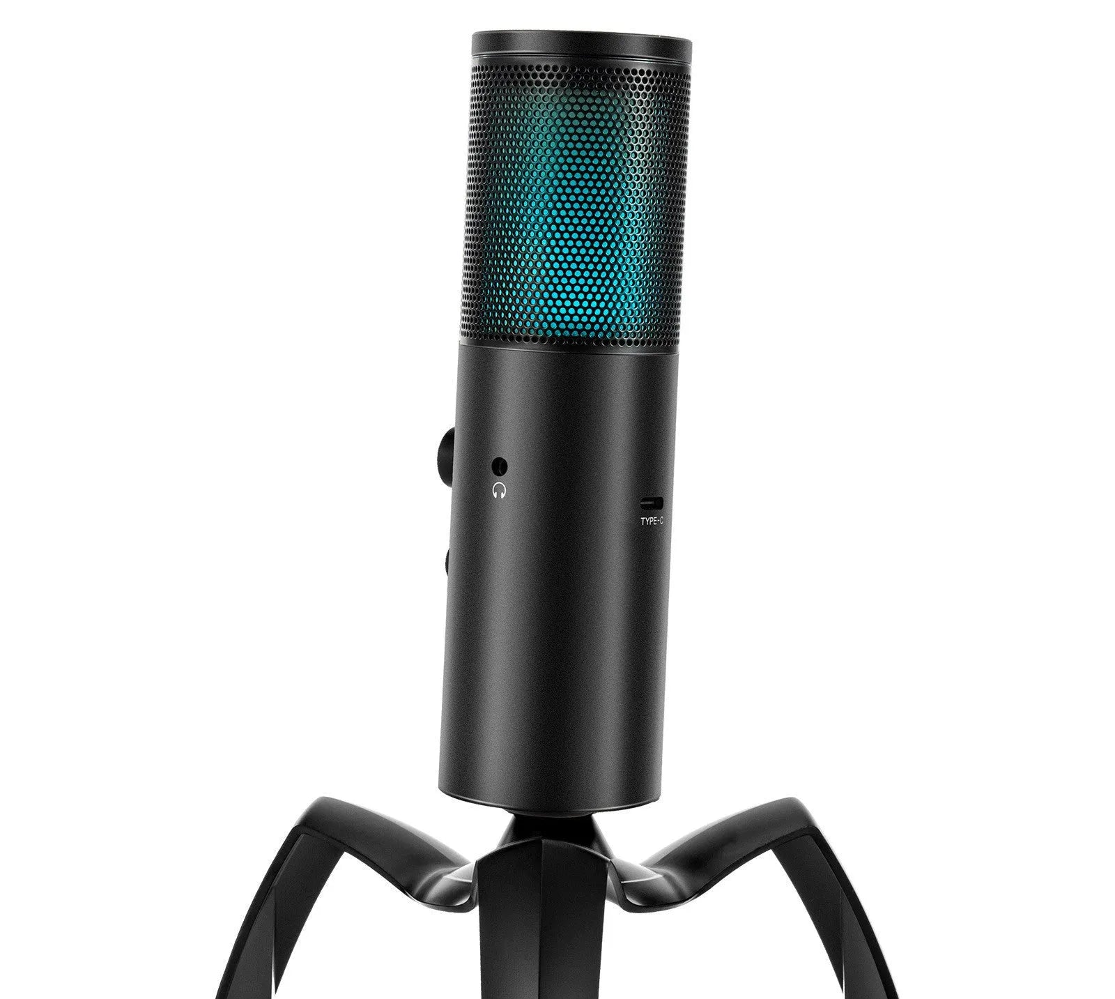 Black Q18 USB condenser microphone on a tripod stand with RGB lighting effects.