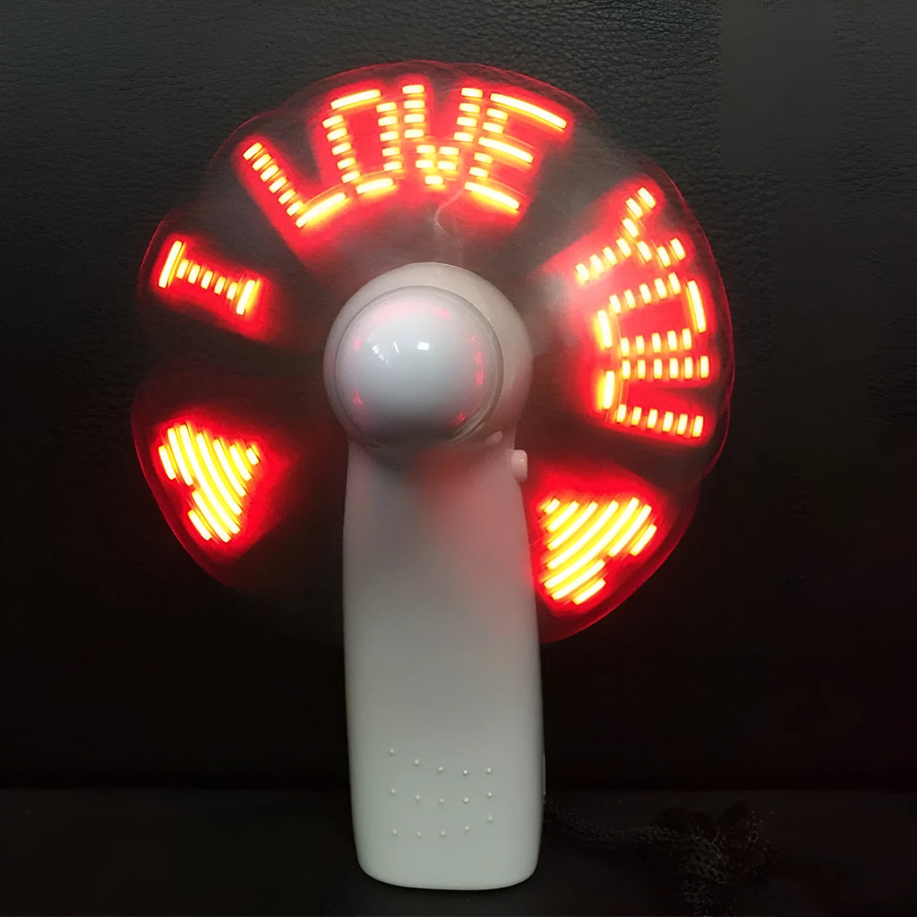 White mini handheld fan with blue and red LED 'I Love You' display, showing dimensions