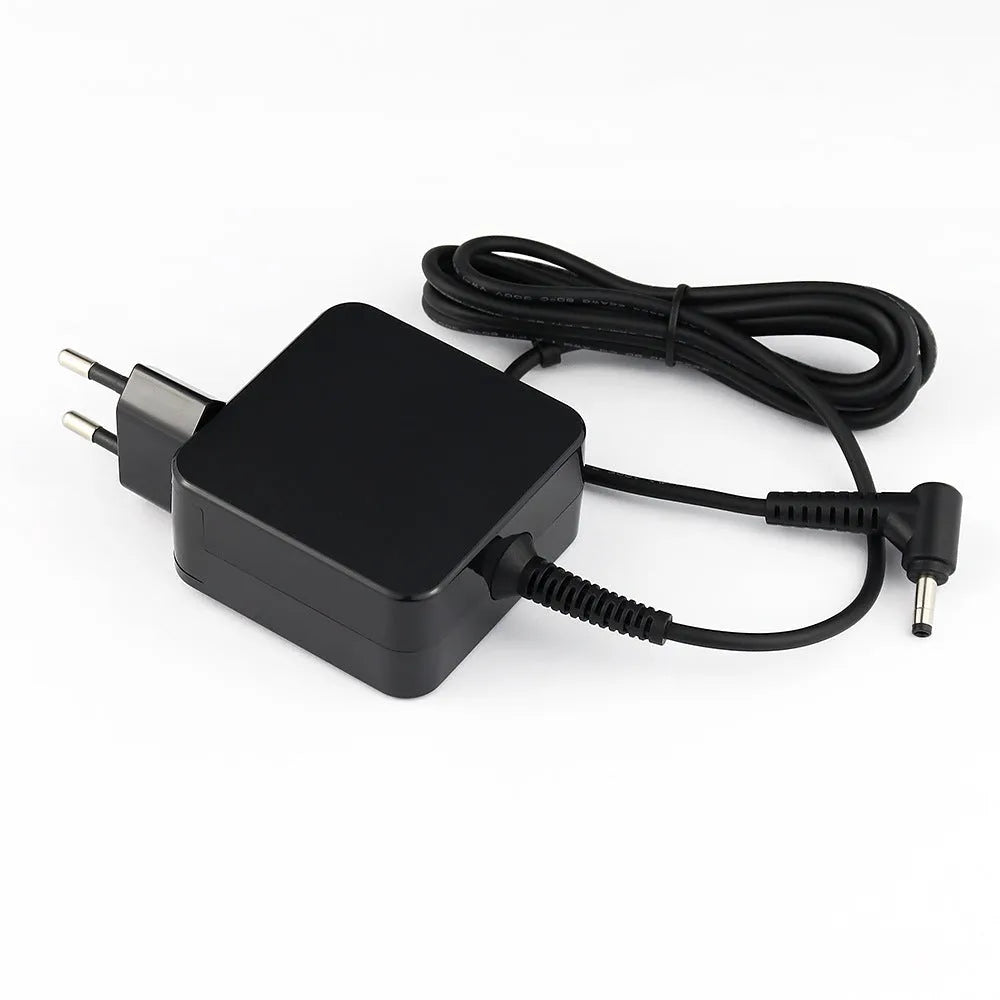 Black 45W laptop adapter with DC connector and US EU plugs, dimensions 99.3x36.5x61.8mm