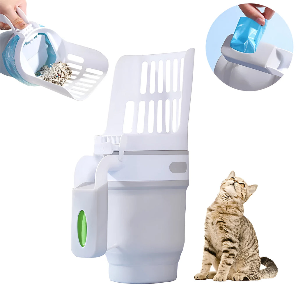 Grey cat litter scoop tool with attached waste collection bin and foldable bottom.