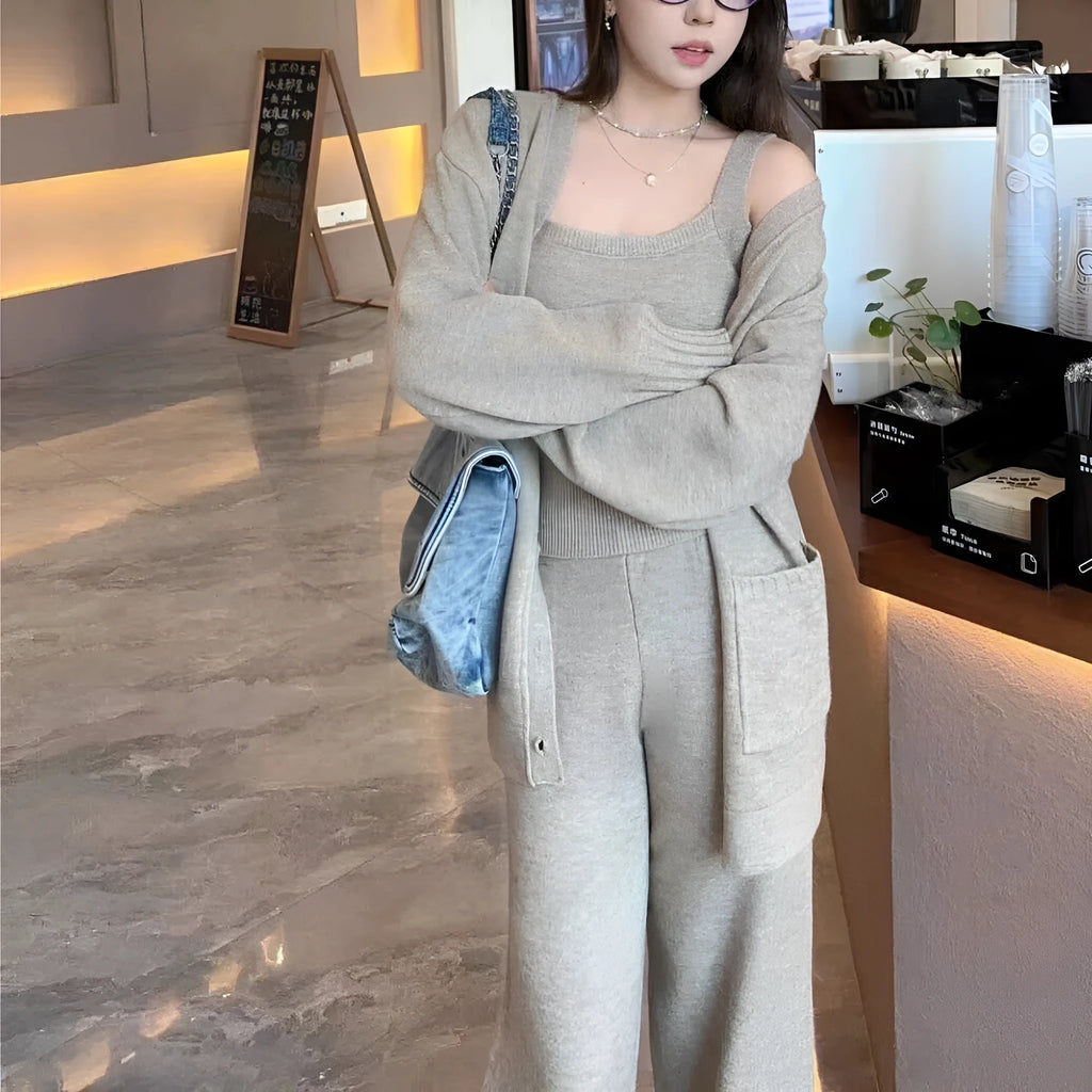 Women's knitted cardigan suspender pants three-piece set in wool blend fabric