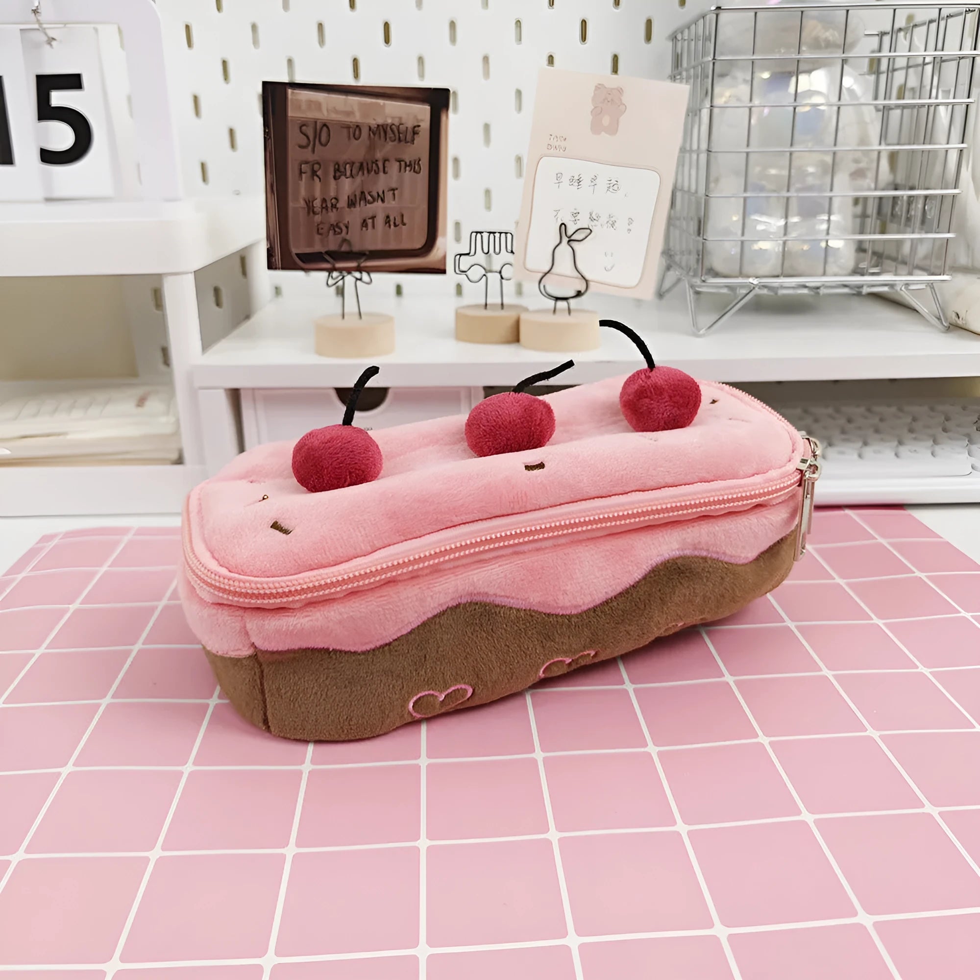 Red velvet pencil case with cherry cake print design and Korean style