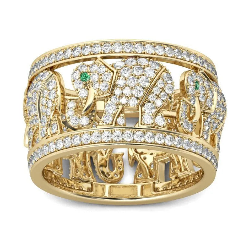 Close-up of a creative alloy ring featuring a full diamond elephant design on a finger, shown in silver and themed colour options.