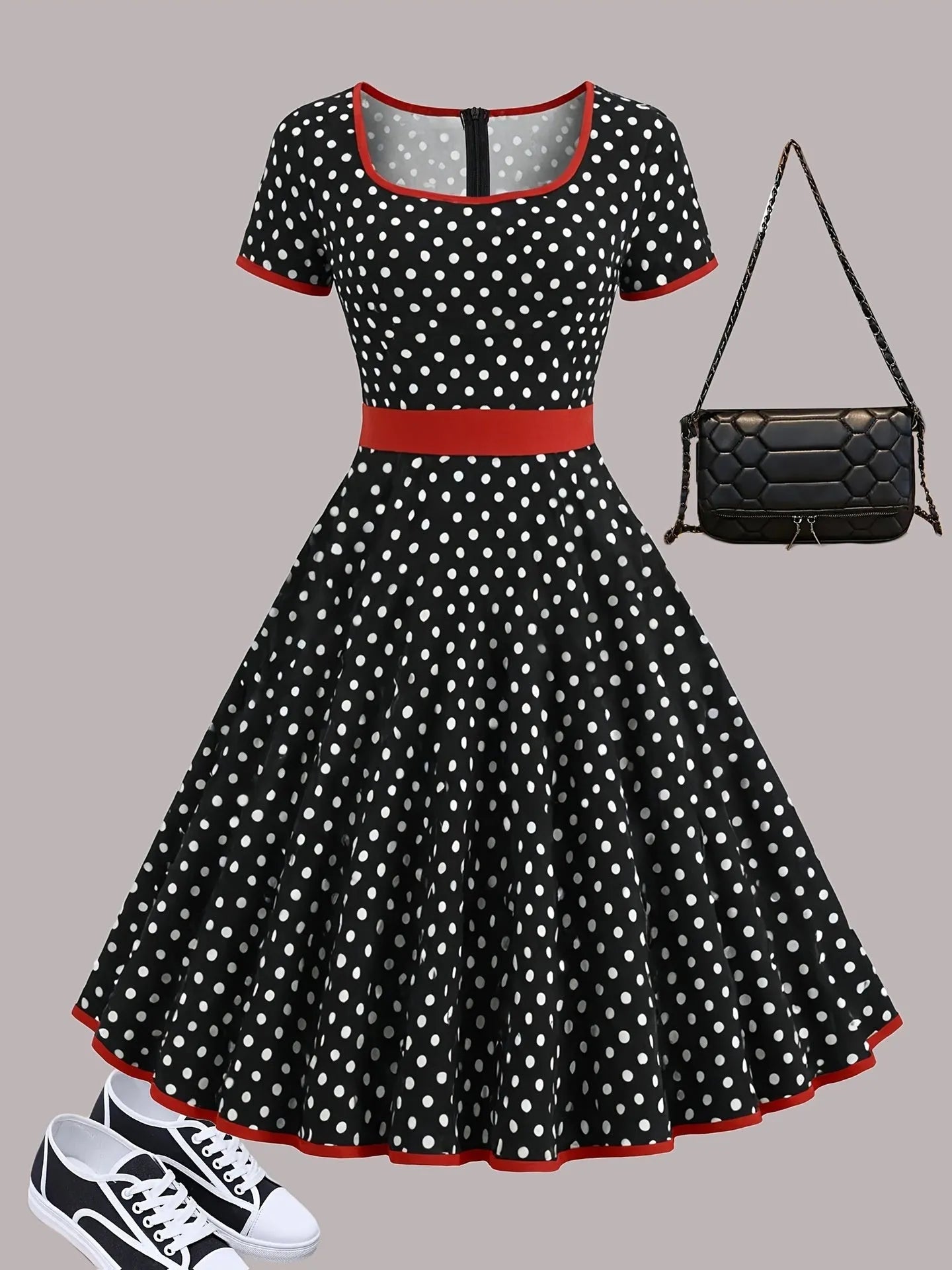 Women's square collar polka dot dress with front zipper and pleated midi skirt