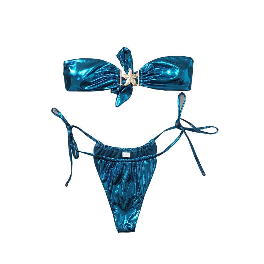 Women's glossy sapphire blue bikini with gold starfish detail on split tube top