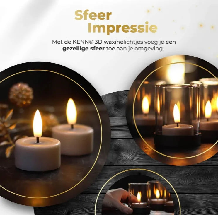 Four taupe-coloured LED tealight candles with 3D flame effect showing flickering warm white glow