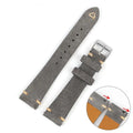 Genuine suede leather watch strap in brown, blue, grey, and army green for 20mm and 22mm watches.