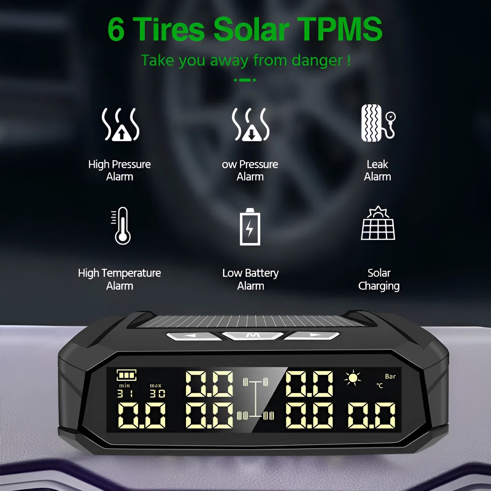 Solar tyre pressure monitor with colour LCD screen and six external sensors for RV and truck use