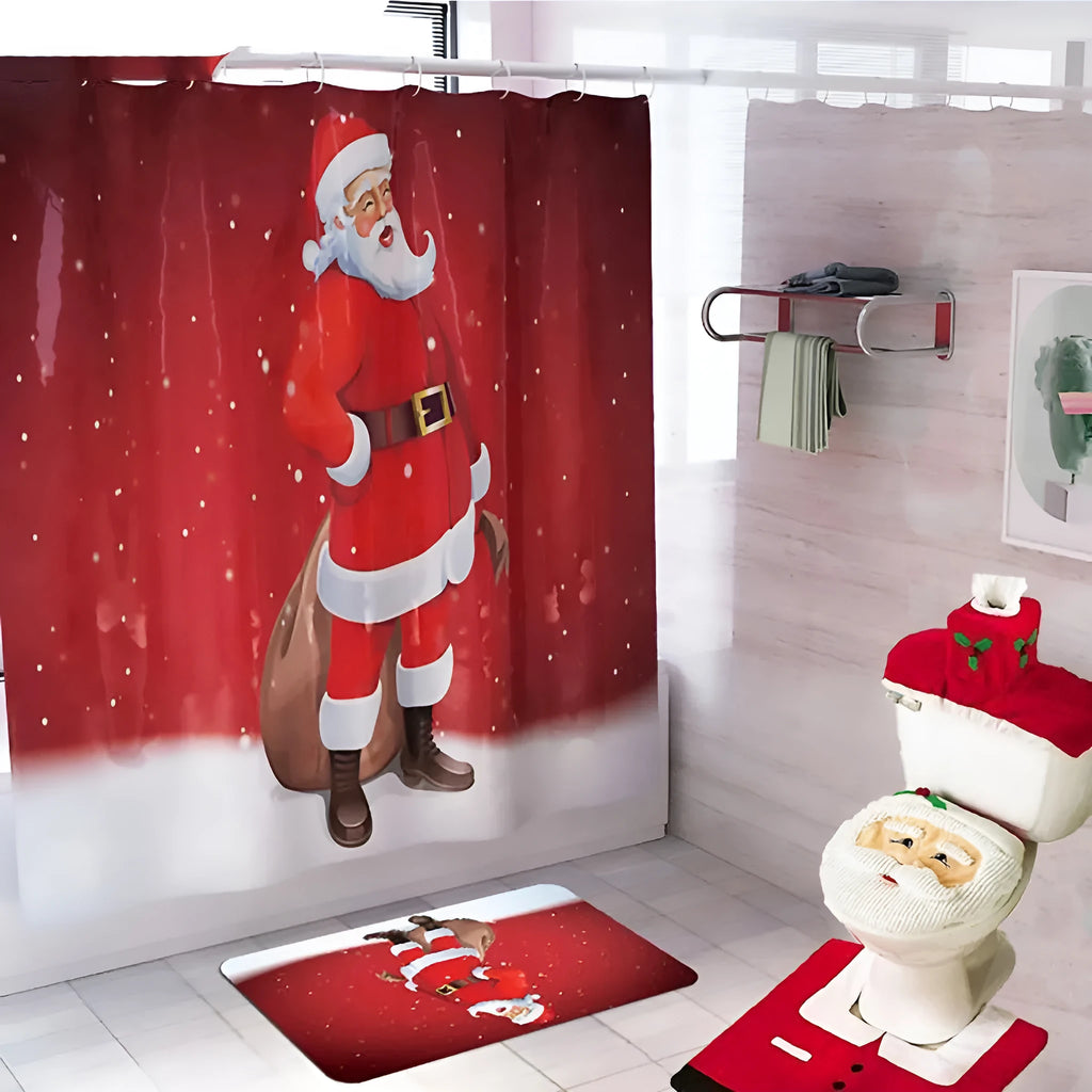 Christmas bathroom decoration set with toilet cover, floor mat and shower curtain in festive designs